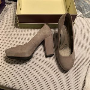 Worn once grey suede block heels